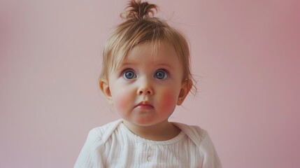 Naklejka premium A curious infant gazes with wonder, framed by a soft pastel pink backdrop