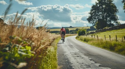 A man riding a bike on a scenic country road, perfect for outdoor and active lifestyle concepts