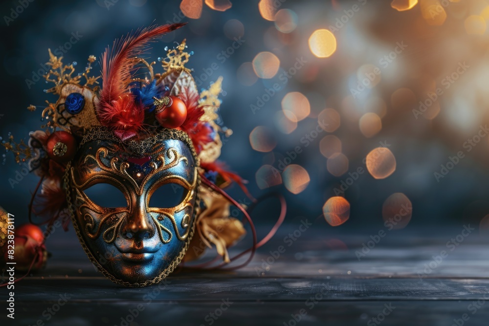 Wall mural A vibrant carnival mask with feathers displayed on a rustic wooden table. Perfect for festive party themes