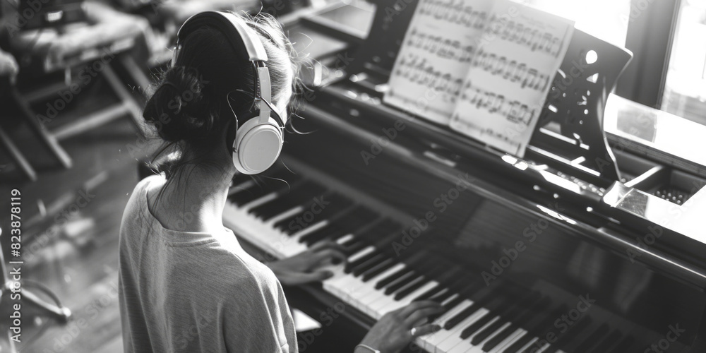 Poster Woman playing piano with headphones, suitable for music related designs