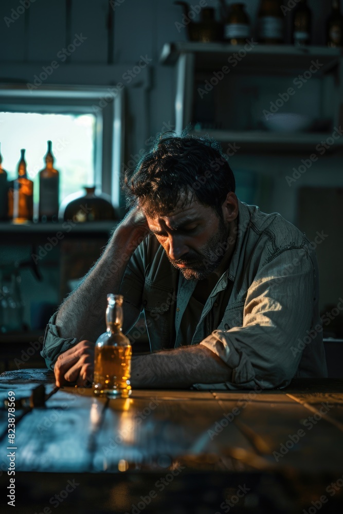 Poster man sitting at table with beer bottle, suitable for bar or pub concept
