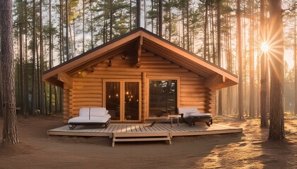 wooden cabin house in the woods with large porch to relax on. sunset through the trees. clam forest setting. 