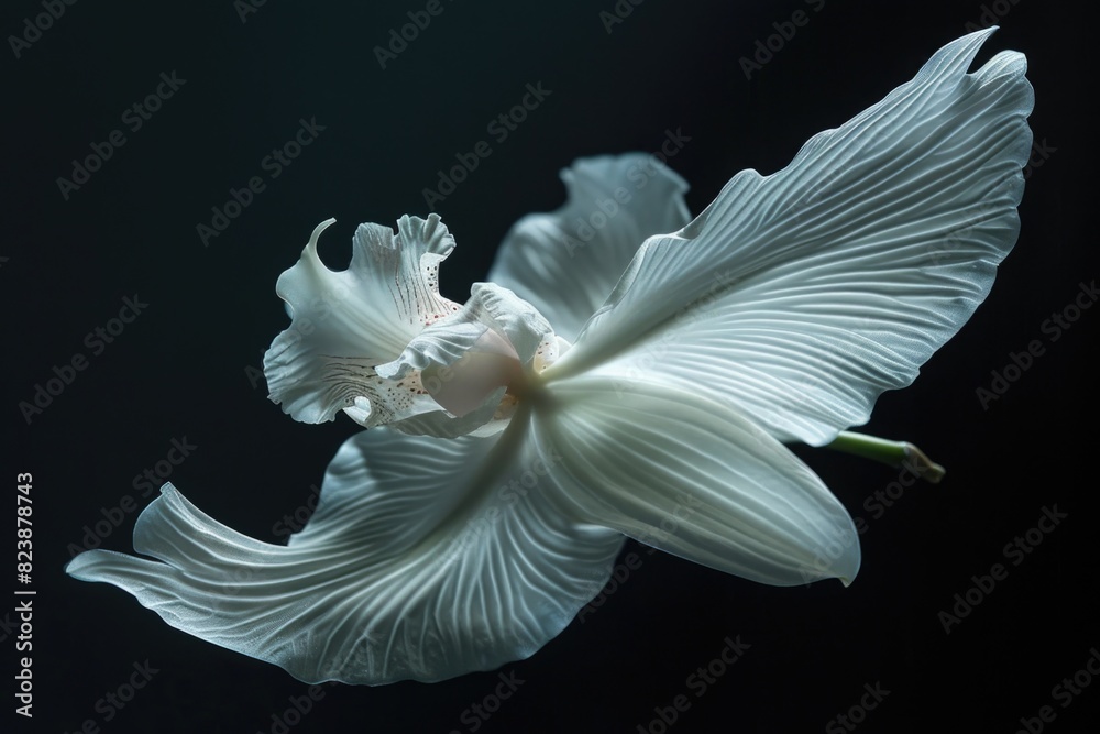 Poster a close up of a white flower on a black background. suitable for various design projects