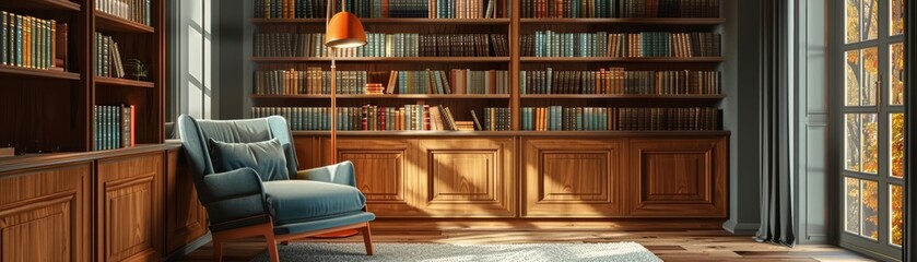 Frame mockup, a cozy library nook with a plush armchair, floortoceiling bookshelves, and a warm reading lamp, ideal for a book lovers retreat
