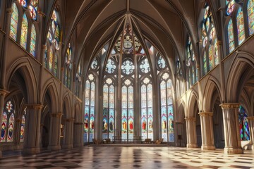 Fototapeta premium Frame mockup, a majestic Gothic cathedral interior with soaring arches and intricate stained glass windows, inspiring awe and reverence