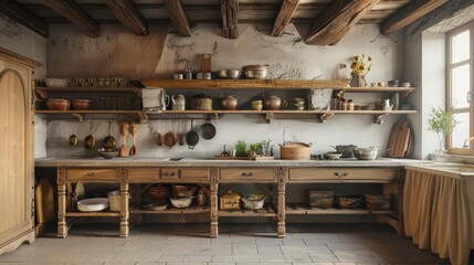 Frame mockup, a rustic farmhouse kitchen with wooden beams, vintage cookware, and a large hearth, evoking warmth and homeliness