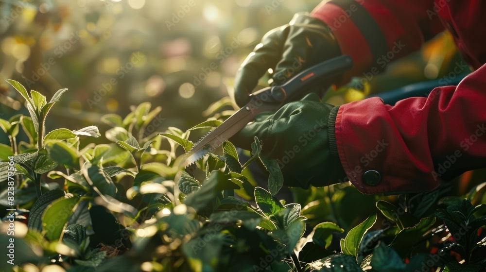 Poster A person using scissors to cut leaves, suitable for gardening or nature concepts