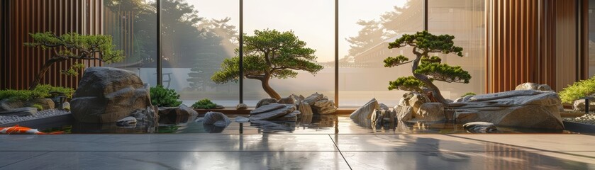Frame mockup, a serene Japanese zen garden with meticulously arranged rocks, a koi pond, and carefully pruned bonsai trees, promoting tranquility and meditation