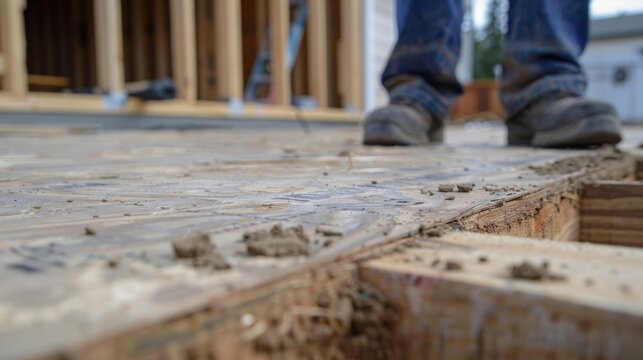 Laying down subflooring a carpenter ensures a level surface for the future flooring of the house.