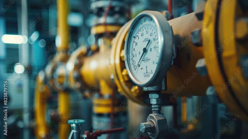 Poster detailed view of a gauge on a pipe, suitable for industrial concepts