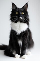 A black and white cat with white paws sits on a white background
