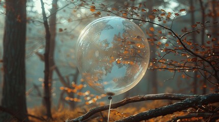 A transparent balloon is tied to a tree branch in a misty forest.