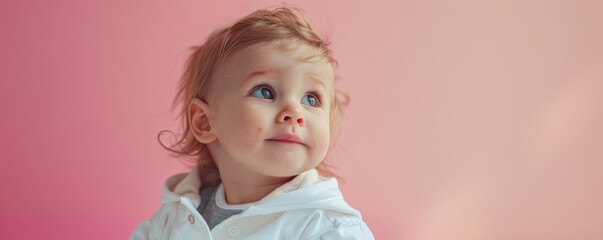 Fototapeta premium A cute infant with lively eyes stands out against a soft pastel pink backdrop