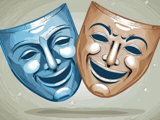 simple vector illustration of two theater masks, one with a smile and the other with a sad expression, on a white background, with simple shapes, in a flat design