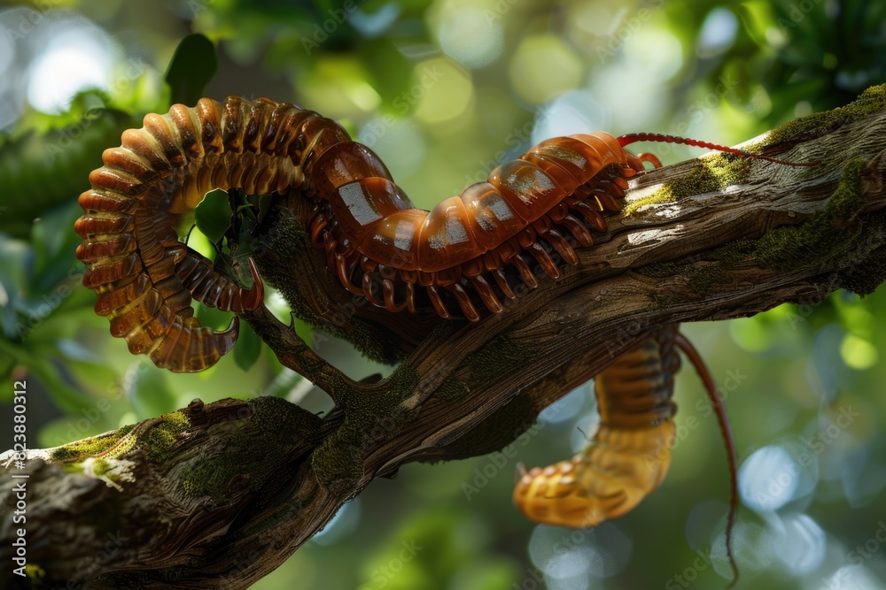 Poster close up of a worm crawling on a tree branch, suitable for nature and wildlife themes