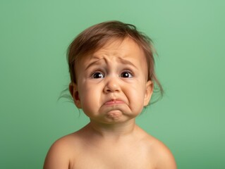 A baby with a sad face isolated on a solid pastel green background