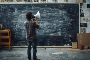 A man standing in front of a blackboard holding a megaphone. Ideal for educational or motivational concepts - Powered by Adobe
