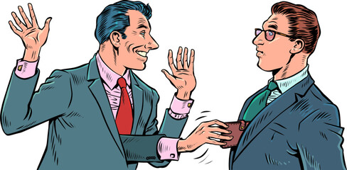 Pop Art Retro The fraudster hides and robs a colleague. Corruption schemes in the work team. Financial crimes and hidden schemes.
