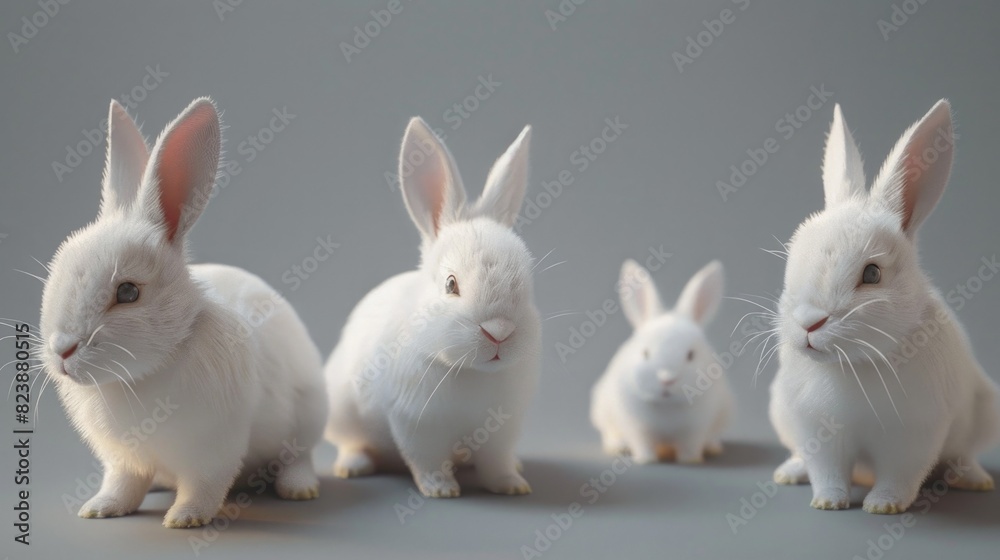 Poster Group of white rabbits in a row, suitable for various uses