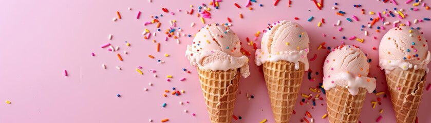Minimal blank template card for National Ice Cream Day in cute styles, featuring elements of ice cream cones and sprinkles, with a large copy space on center for text