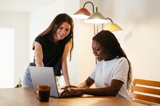 Smiling women working on laptop at modern office