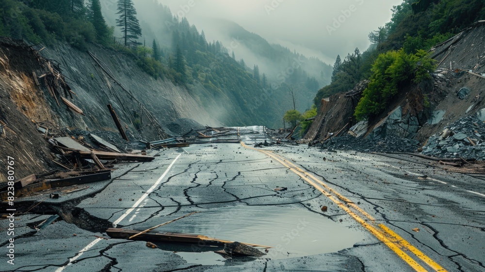 Aufkleber a road that has fallen over surrounded by rocks. suitable for construction or infrastructure concept