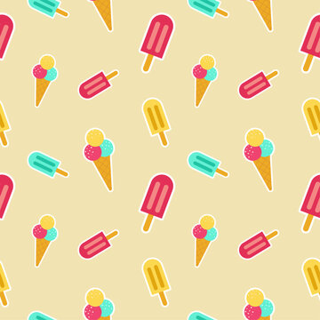 Ice cream seamless pattern. Colorful summer seamless pattern with tropical fruits, ice cream, leaves, Toucan, Flamingo, Flowers, and summer icons Memphis style. Summer seamless vector illustration.