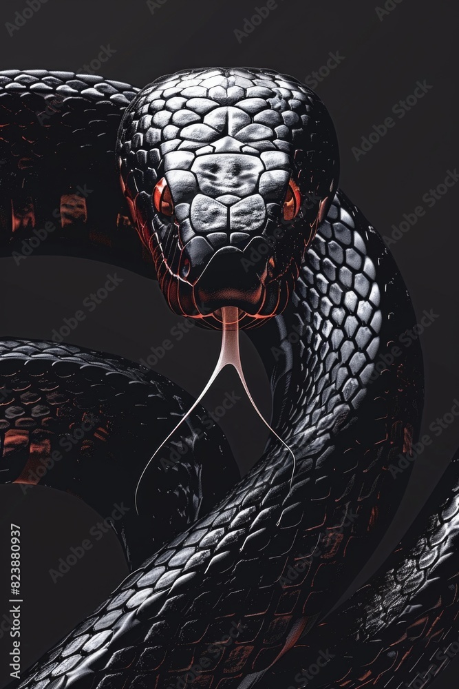 Poster close-up shot of a snake against a black backdrop. ideal for nature and wildlife concepts