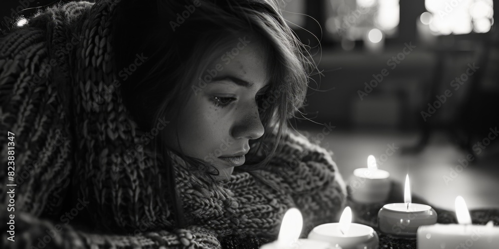 Poster A young girl sitting at a table with candles in front of her. Suitable for various concepts and themes