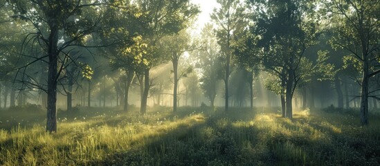 Tranquil D Forest A Serene Misty Morning with Soft Light Filtering Through Trees