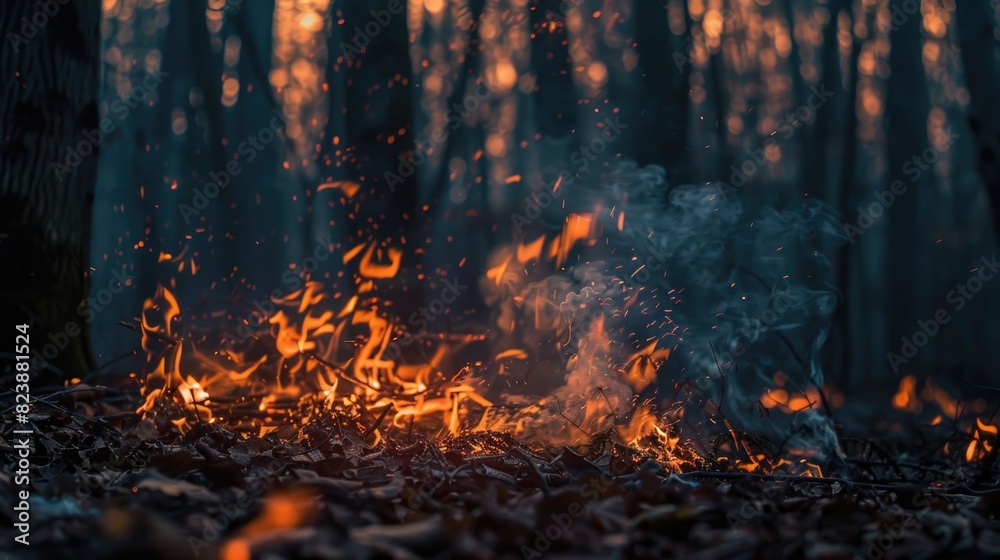 Poster a fire blazing in the middle of a forest. suitable for environmental and disaster-related projects