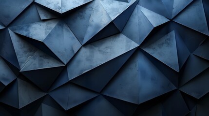 An intricate arrangement of blue triangular geometric shapes creating a dynamic and abstract 3D...