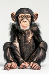 A chimpanzee sitting calmly on a white surface, suitable for various projects