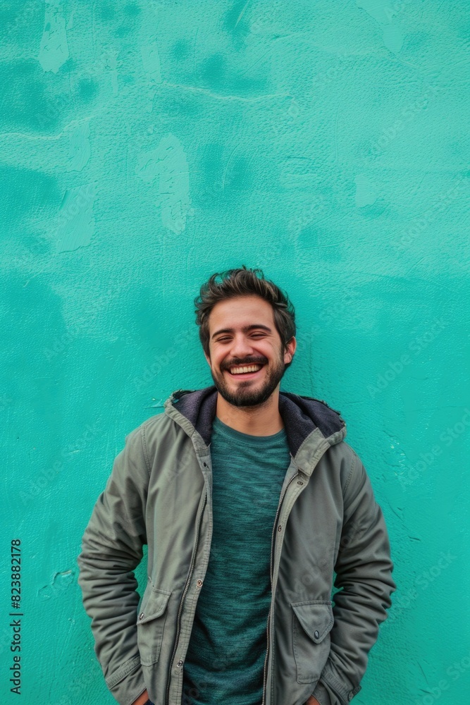Poster a man standing in front of a green wall. suitable for business and corporate concepts