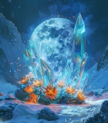 illuminated moon with glowing flowers in the snow, fantasy world