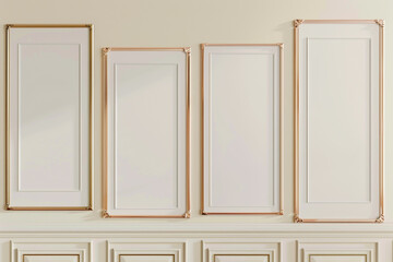 a mock-up with four empty posters in rose gold frames on a cream-colored wall.