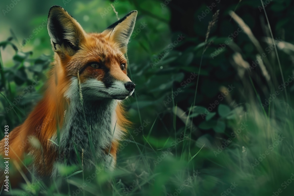 Poster a close up of a fox in the grass. suitable for nature themes