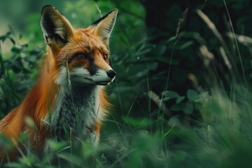 Fototapeta premium A close up of a fox in the grass. Suitable for nature themes