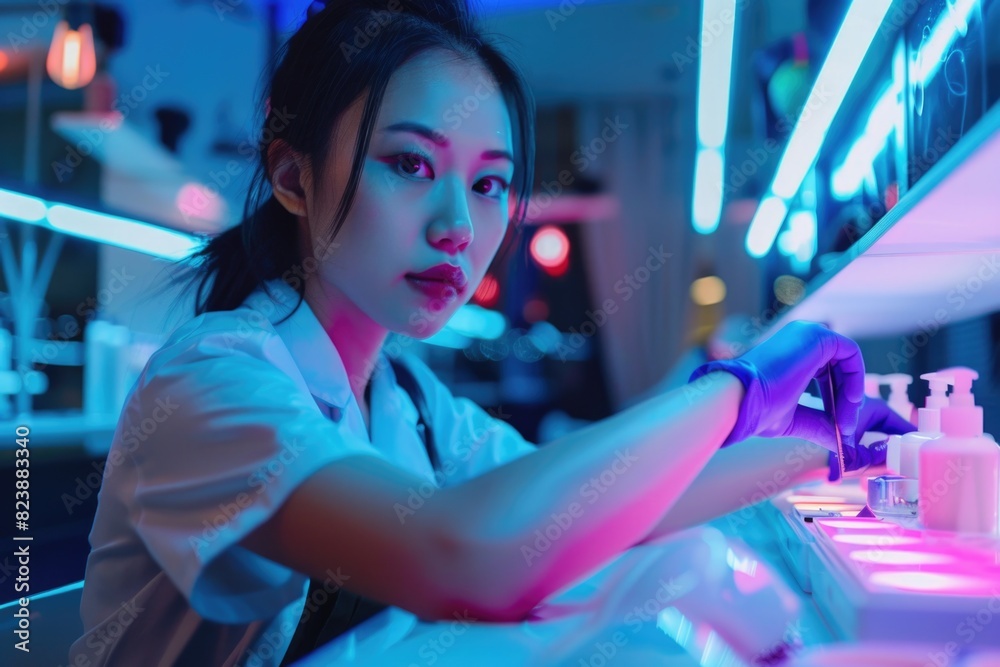 Aufkleber a woman in a lab coat working on a machine. suitable for science and technology projects