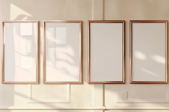 a mock-up with four empty posters in rose gold frames on a cream-colored wall.