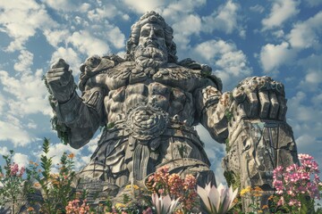 Obraz premium Worms-eye view of a colossal statue of a mythological warrior, detailed in stone with weathered textures, vibrant flowers and greenery at the base, captured in stunning 3D CG rendering