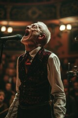 Obraz premium A man performing with a microphone in front of an audience. Perfect for concert or music event concepts