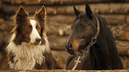 A dog and a horse standing side by side. Suitable for animal lovers