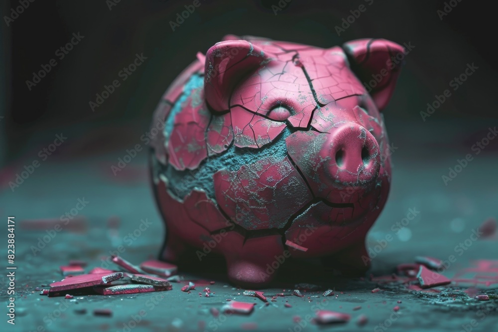 Poster a broken piggy bank sitting on a table. suitable for financial concepts