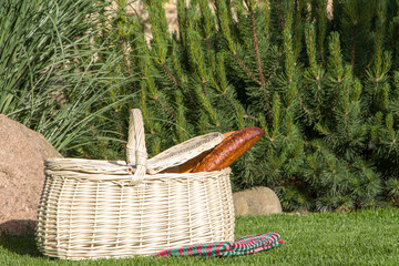 white picnic basket and bread on lawn in park