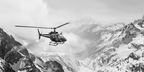 A black and white photo of a helicopter flying over a mountain. Suitable for aviation and travel concepts