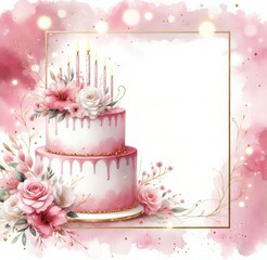 Whimsical two-tiered cake with pink flowers and candles against a dreamy watercolor backdrop