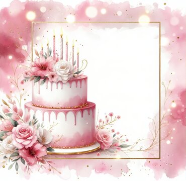 Whimsical two-tiered cake with pink flowers and candles against a dreamy watercolor backdrop