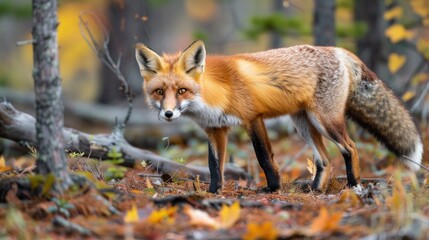 A red fox standing in a forest, suitable for nature and wildlife themes