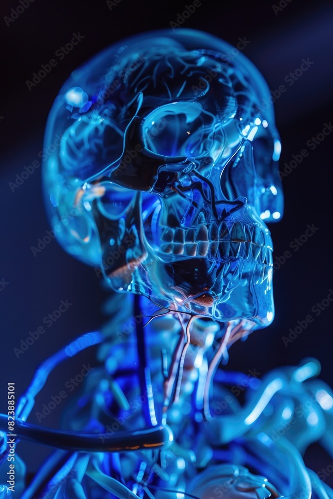 Poster a close up of a skeleton illuminated by a blue light. suitable for halloween themes